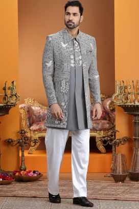 Grey Art Silk 3 piece Indo Western (NMK-8635)