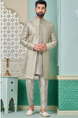 Grey Embroidered Art Silk Mens Indo Western (NMK-7658)