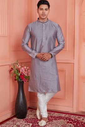 Grey Jaquard Silk Brocade Kurta Pajama (NMK-8147)