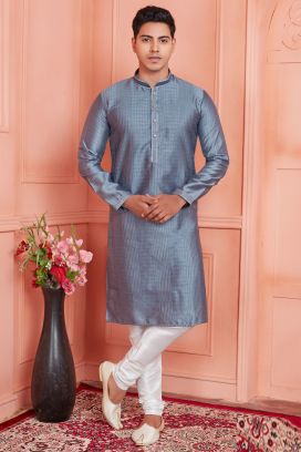 Grey Jaquard Silk Brocade Kurtas for Men (NMK-8149)