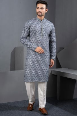 Grey Printed Cotton Silk Mens Kurta Pajama (NMK-8780)