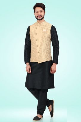 Jaquard Banarasi Silk Mens Nehru Jacket in Gold (NMK-6486)