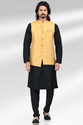 Jaquard Banarasi Silk Mens Nehru Jacket in Yellow (NMK-6483)
