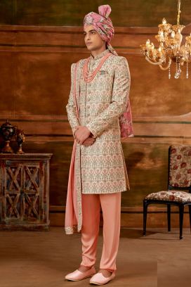 Light Gold Art Embroidered Silk Sherwani (NMK-6407)