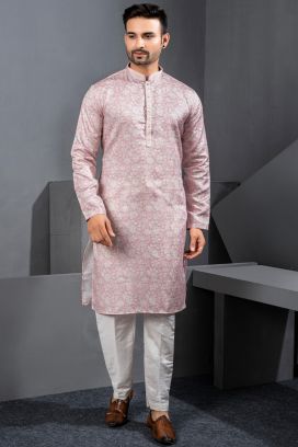 Light Pink Printed Cotton Silk Kurta Pajama (NMK-8781)