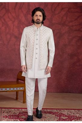 Light Pista Green Silk Long Jacket Indo Western (NMK-8698)