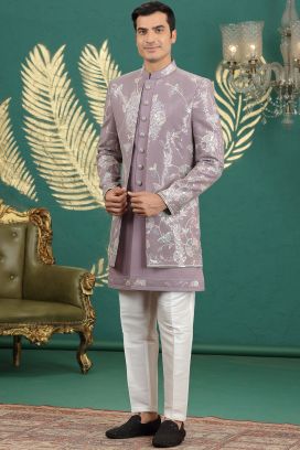 Light Purple Art Silk 3 piece Mens Indo Western (NMK-8645)