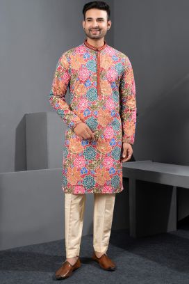 Multicoloured Printed Cotton Silk Casual Kurta (NMK-8754)