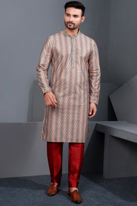 Multicoloured Printed Cotton Silk Kurta Pajama (NMK-8770)