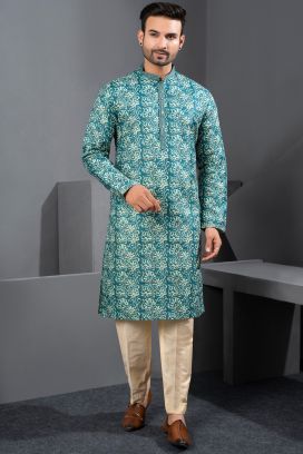 Multicoloured Printed Cotton Silk Mens Kurta Pajama (NMK-8738)
