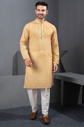 Mustard Printed Cotton Silk Kurta Pajama (NMK-8782)