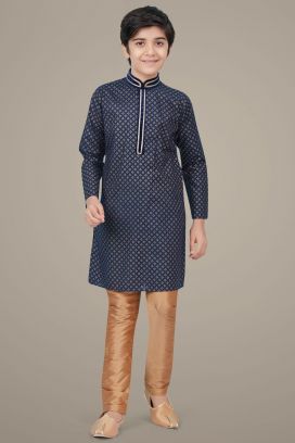 Navy Blue Printed Cotton Silk Kurta for Boys (NKK-692)