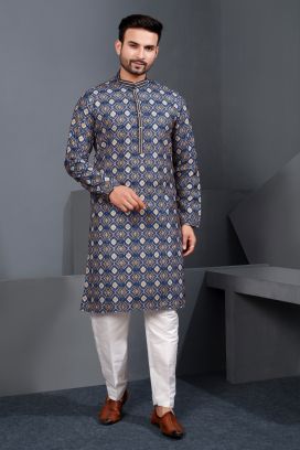 Navy Blue Printed Cotton Silk Kurta Pajama (NMK-8771)