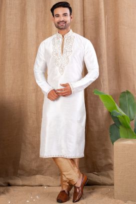 Off White Art Silk Kurta Pajama (NMK-8498)