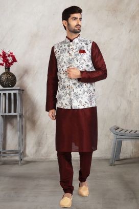 Off White Banarasi Silk Nehru Jacket (NMK-5677)