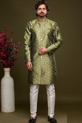 Olive Green Banarasi Jaquard Mens Indo Western (NMK-7004)