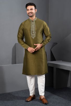 Olive Green Banglori Silk Kurta Pajama (NMK-8730)