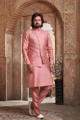 Onion Pink Art Banarasi Silk Mens Nehru Jacket (NMK-5606)