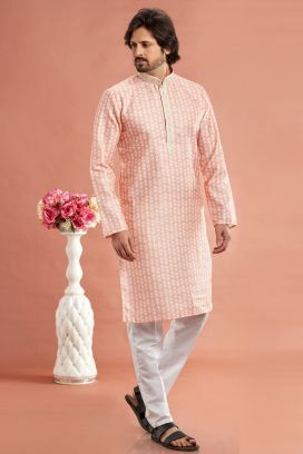 Peach Cotton Mens Kurta Pajama (NMK-7536)