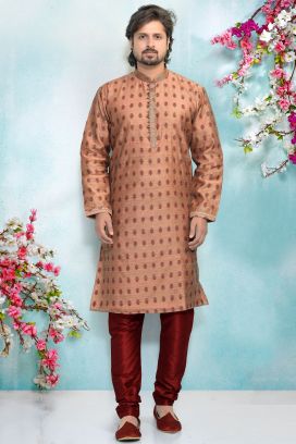 Peach Jaquard Mens Kurta Pajama (NMK-4927)
