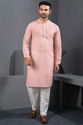 Peachish Pink Printed Cotton Silk Kurta Pajama (NMK-8748)