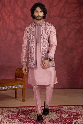 Pink Art Banarasi Silk 3 piece Long Kurta Jacket (NMK-8699)