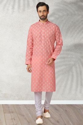 Pink Cotton Mens Kurta Pajama (NMK-5751)