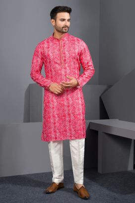 Pink Printed Cotton Silk Kurta Pajama (NMK-8756)