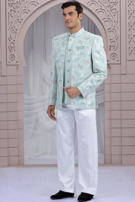 Pista Green Art Silk 3 piece Jacket Jodhpuri (NMK-8668)