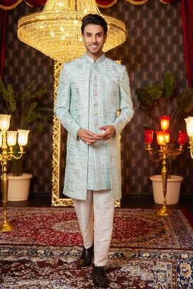 Pista Green Art Silk Mens Indo Western (NMK-8250)