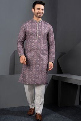 Purple Printed Cotton Silk Kurta Pajama (NMK-8775)