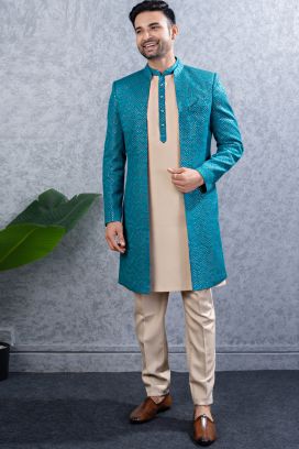 Rama Blue Imported kurta with jacket (NMK-8444)