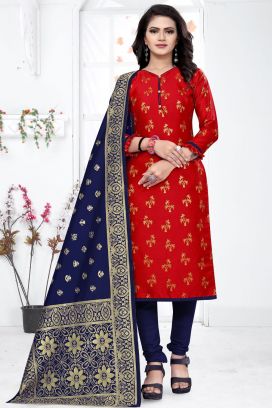 Red Banarasi Silk Printed Salwar Suit (NWS-6365)