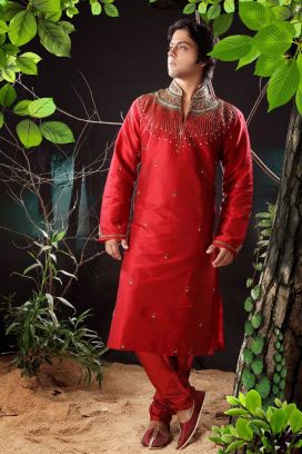 Reddish Maroon Art Dupion Mens Kurta (NMK-1168)