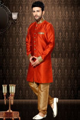 Rust Giccha Silk Indo Western Kurta (NMK-3196)