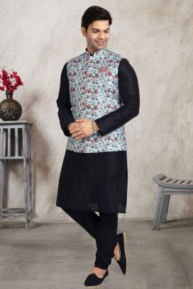 Sky Blue Banarasi Silk Nehru Jacket (NMK-5682)