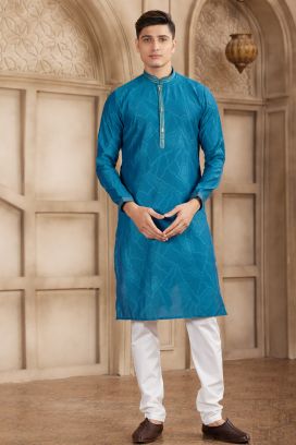 Teal Blue Art Silk Kurta Pajama (NMK-8573)