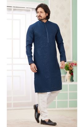 Teal Blue Embroidered Art Silk Kurta Pajama (NMK-8360)