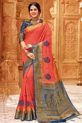 Weaving Silk Coral Saree (NWSA-6162)