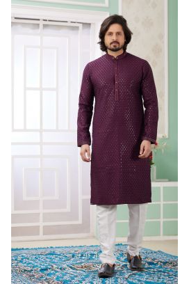 Wine Embroidered Art Silk Kurta Pajama (NMK-8364)