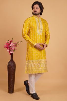 Yellow Art Banarasi Silk Kurta Pajama (NMK-8702)