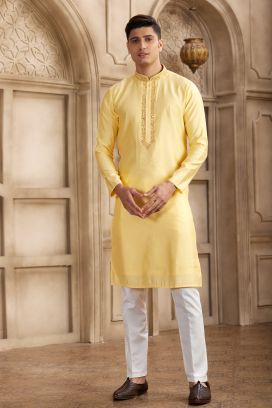 Yellow Banarasi Art Silk Kurta Pajama (NMK-8482)