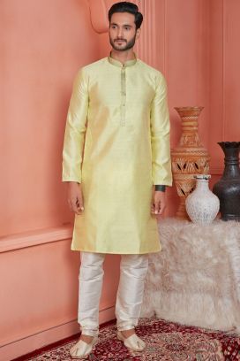 Yellow Jaquard Banarasi Silk Mens Kurta (NMK-8164)