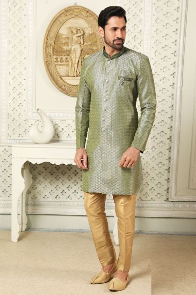 Art Embroidered Silk Green Mens Indo Western (NMK-6517)