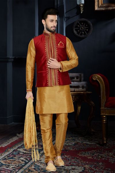 Beige Art Dupion Jacket Style Kurta (NMK-3439)