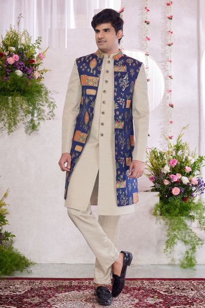 Beige Art Silk 3 piece Jacket Set (NMK-8409)
