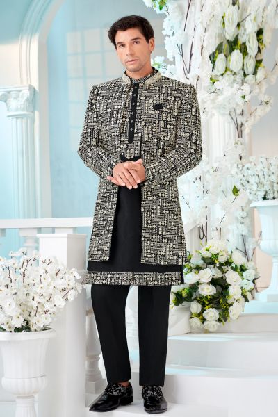 Black Art Embroidered Silk Mens Indo Western (NMK-8534)