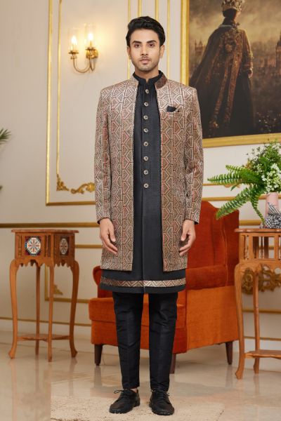 Black Art Silk Mens Indo Western (NMK-8273)