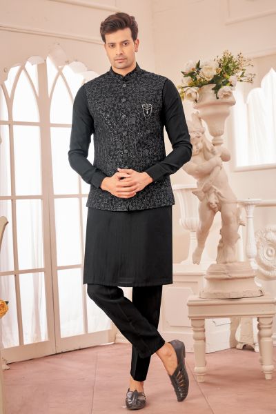 Black Art Silk Mens Nehru Jacket (NMK-8018)