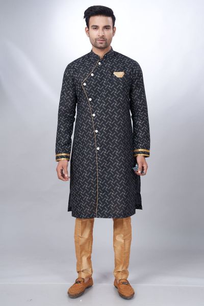 Black Cotton Printed Mens Indo Western (NMK-6924)